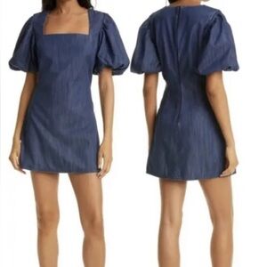 NWT Frame Nina Puff Sleeve Blue Denim Dress Womens Medium Square Neck Mini
